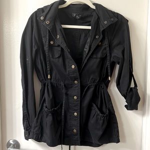 Black utility jacket with removable hood